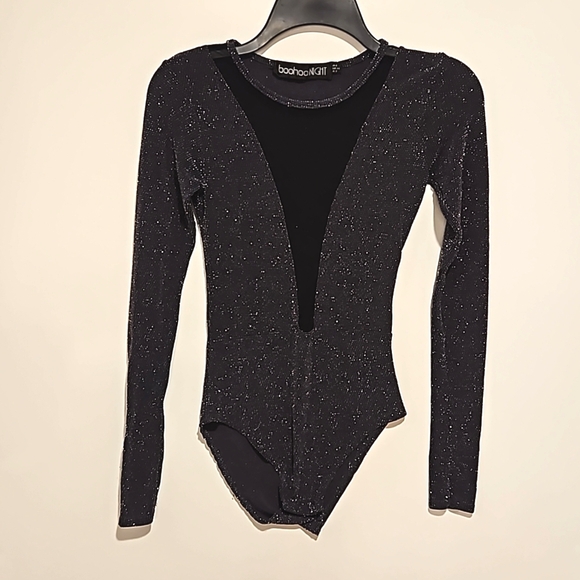 Boohoo Tops - boohooNIGHT black gray silver threaded long sleeve bodysuit size 2